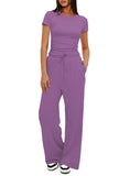 Fongt Suit Folding 2025 New Solid Short-Sleeved Top High-Rise Broad Leg Pants Sportswear