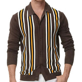 Fongt Men's Men's Spring Thin Knits Business Casual Long Sleeve Striped Polo