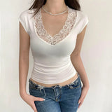 Women's Street Hot Girls Gentle Wind Lace Big V-Collar Slim Thin Short-Sleeved T-Shirt Women Summer-Outfit