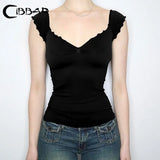 Solid Black Folds V Neck Cropped Top Women Casual Backless Skinny Knitted T Shirts Streetwear Y2k Summer Tees Vintage Top-Outfit