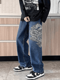 Men's Dragon Embroidered Straight Leg Jeans-Outfit