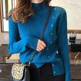 New 2021 Autumn Winter Women Sweater Knitted Multi Colors Buttons Korean Style Wild Lady Slit Pullovers Tops