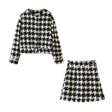Sweet Women Pearl Button Check Gingham Plaid Blazer High Waist A line Mini Short Skirts Long Sleeve Suits 2 Pieces