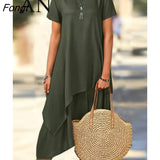 Women's Short Sleeve Round Neck Casual Asymmetric Hem Solid Color Midi Dress Chic and Elegant Woman Dress Women