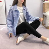 Fongt 2024 New Women's Korean Version Students Loose Thin Large Size Nail Bead Hole Jeans Denim Coat Tide-Outfit