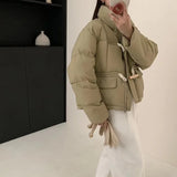 Sweet Wood Button Short Down Jacket Female 2024 Winter New Stand Collar Small Warm White Duck Down Bread Coat-Outfit