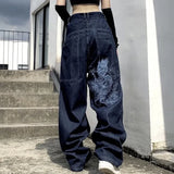 Jeans High Street Goth Vintage Casual Loose Printed Wide-Legged Trousers-Outfit