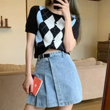 Summer Short Sleeve Argyle Cardigan Women Casual Single Button Knitted Sweater Blusa De Frio Feminin Pull Femme