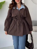 Fongt Women's Long-Sleeved Solid Color Tie Button Stormcoat