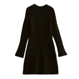 Fongt And Autumn New Women's Temperament Pure Color Familiar Round Collar Knitted Long-Sleeved Dress Slimming