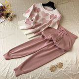Arrival Beaded Heart Shape Short-Sleeved Sweater + Elastic Waist Pants Women Sweet 2pcs Suit Ladies Summer Clothing