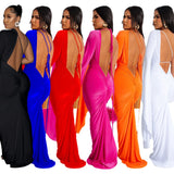 Fashion Women's Solid Color Single Shoulder Cuff Open Back Long Dress Women-Outfit