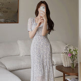 Chic Summer French Elegant Square Collar Full Screen Floral Back Belt Closed Waist Show Thin Bubble Sleeve Dress-Outfit