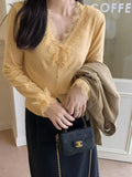 Sweet Soft Wool Cardigan Slim Women Patched Lace V Neck Full Sleeve Solid Color Autumn Spring Sweater Shirts-Outfit