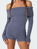 Women Knitted Playsuits Solid Color Slash Neck Off Shoulder Short Jumpsuits Long Sleeve Slim Rompers Clubwear 2024-Outfit