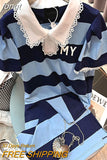Women Blue Short Sleeve Split T-shirt Dress 2023 Summer Loose Mid-length Over-knee Stripe Splicing Lace Neck One Piece
