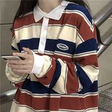 Polo Collar Stiped Oversized Long Sleeve Tee-Outfit