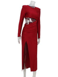 Red Solid Slit Long Sleeve Midi Dress-Outfit