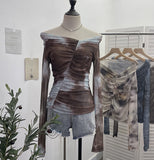 Real Shot Shoulder Tie-Dye Printing Mesh Hooded Design Long-Sleeved Irregular Folding Repair T-Shirt