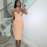 Women Sexy Spahgetti Strap Solid Elegant Maxi Low Neck Body-Shaping Cleavage Skirt Party Clubwear Female