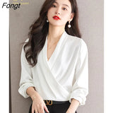 Han Queen 2023 New Women Blusas Vintage White Satin Chic Tops Long Sleeve Casual Chiffon Blouse Female Work Wear Office