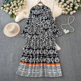 Light Extravagant Temperament Horn Long Sleeved V Collar Loose Thin Single Breasted Printed Dress Elegant Long Skirt-Outfit