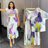 Fongt Fashion Set Women's Summer French High-Grade Folding Print Short-Sleeved Top + Loose A Word 100-Fold Long Skirt