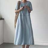 Fongt Chic Summer Retro Temperament Round Collar Bright Line Design Sense Loose Casual Short-Sleeved Denim Dress Female-Outfit