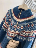 Blue Zipper Jacquard Knitted Cardigan-Outfit