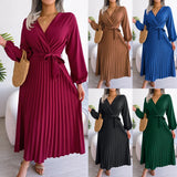 Real Shooting 2025 Spring And Summer Temperament Cross V Collar Big Swing 100 Folding Long Dress Women's