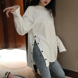 spring Split Side Button White black Long Tshirt O-Neck Women shirts autumn Arrival Vogue Harajuku solid Loose T shirt