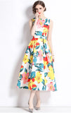 Fongt Retro Round Neckless Position Printing Dress Women's Summer Waist Thin Temperament Waist Swing Vest Skirt