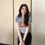 Fongt 2023 New Korean Letter Bear Print Short-Sleeved T-Shirt Women Slim Short Top Women's