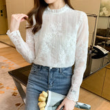 Spring Embroidery Flowers Blouses Stand Collar Long Sleeve Women Tops Loose White Elegant Lace Blouse Ladies Shirts