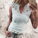Casual Summer Women V-Neck Lace Hollow Vest T-Shirt Sleeveless Floral