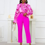 Fongt New Fashion Print Strap Long-Sleeved Top High-Waisted Trousers Set
