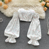 Fongt Temperament Heart Heart Heart Letter Short Small Sweet Design Heart Shoulder Broken Flowers Chest Long Sleeve Shirt A Hot Girl