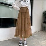 Fongt New Long Lace Layer Patchwork Mesh Skirt Over The Knee A Word Versatile Vertical Skirt Female Autumn-Outfit