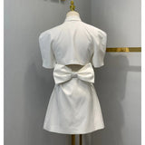 Puff Sleeve Large Collar Back Bow Blazer Mini Dress-Outfit