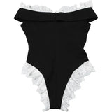 Black Lace Trim Off -Shoulder Bodysuit-Outfit