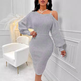 Fongt Hot Selling Single Shoulder Lantern Sleeve Solid Color Collect Purse Hip Dress Sexy Wind Women's Clothing-Outfit