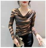 Spring Summer Double-Layer Mesh Top Long Sleeve Printing T-shirt Woman Slim Fitting Tee For Female-Outfit