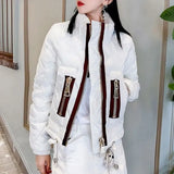 Women's Clothing Cotton Liner Quilted Coats Winter Casual Solid Color Stand Collar Stylish Spliced Zipper Straight Down Jackets-Outfit