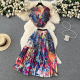 Blooming Printed Skirt Suit Women's New Thread Temperament Half-high Collar Top + Pleated Skirt Two-piece Set-Outfit