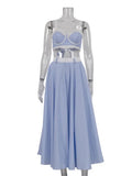 Blue Stripe Lace Trim Crop Top And Long Skirt Set-Outfit