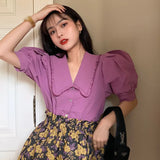 Doll Collar Blouse For Women Short Sleeve Button down Regular Fit Shirts Single Breasted Casual T Shirts Tees-Outfit