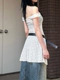 Fongt Cloth Forget Niche Design Sense Shoulder Perspective Lace Dress Tice Dress A Word Version Low-Rise Thin Short Dress