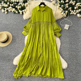 Fongt Retro Casual Dress Women's 2025 Spring Folding Lantern Sleeve Casual Loose Single-Dripple Shirt Long Dress