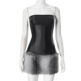 Fongt Women's Autumn And Winter Uncollared Leather Braided Plush Splicing Bag Hip Short