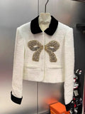 Quality French Vintage Small Fragrance Tweed Jackets For Women 2024 Autumn Winter Fashion Bow Patchwork Coat Luxury